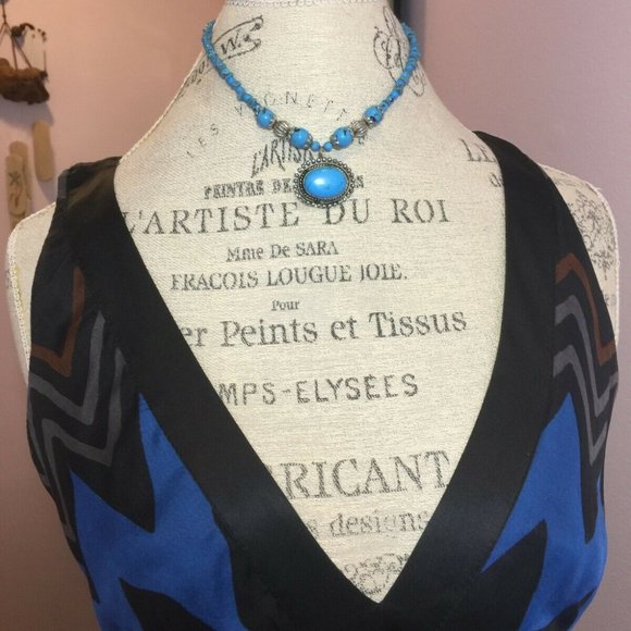 Size M Zara Blue Brown Zig Zag Chevron Silk Dress V Neck Sleeveless Summer Retro - Picture 10 of 10